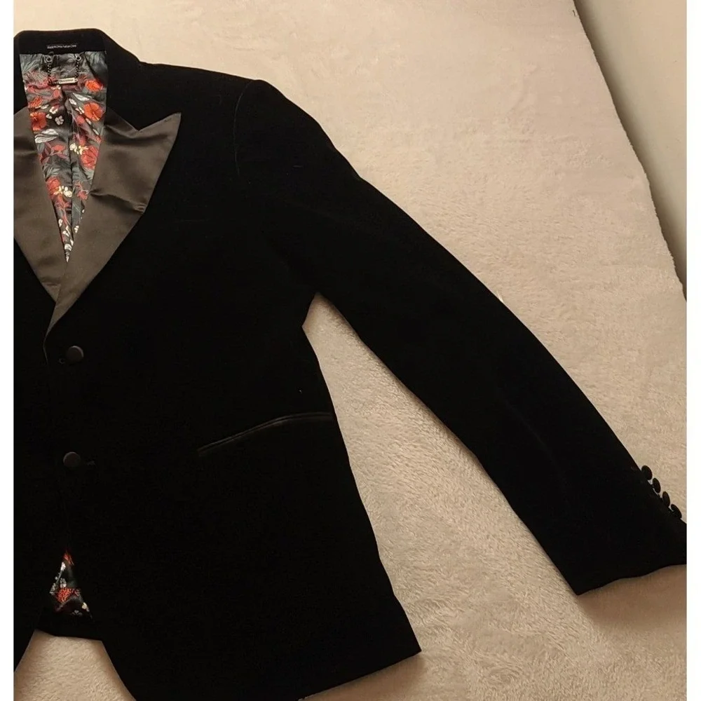 Lindbergh Black Velvet Tuxedo‎ Blazer Floral Lining Peak Men's Formal Jacket
